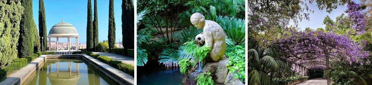 Walkway inside La Concepción Botanical Gardens with plants and seating areas