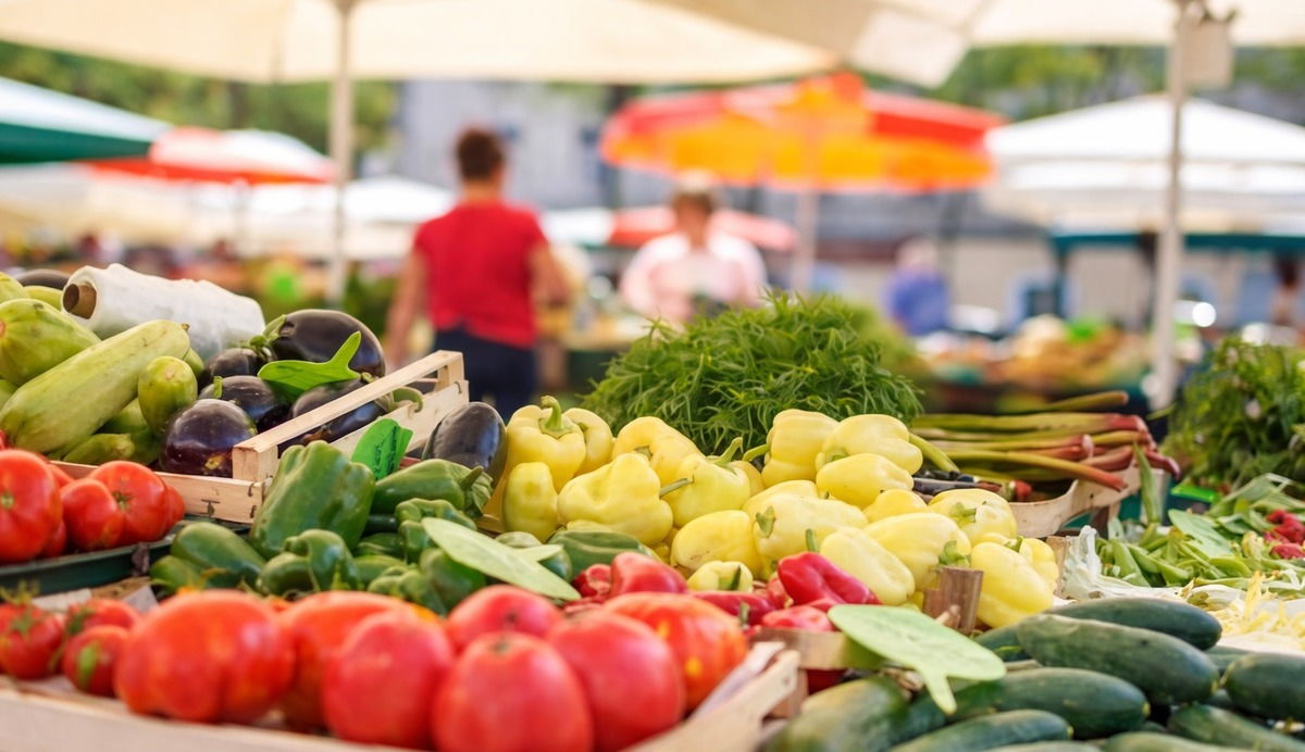 Street market in Barcelona with fresh fruit and vegetables