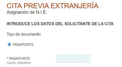 Introducción de los datos del solicitante al pedir cita para obtener el NIE