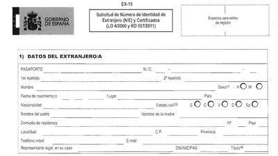 Formulario EX-15 para obtener el NIE