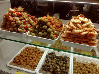 Tapas and olives at Mercado de San Miguel