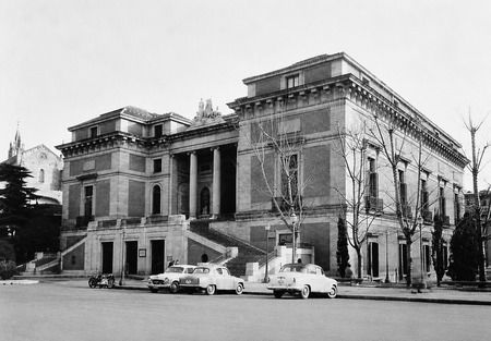 Historic photograph of the Prado Museum building in Madrid in the mid-20th century